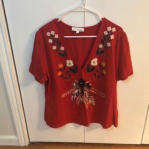 Red Embellished Blouse with Floral Details